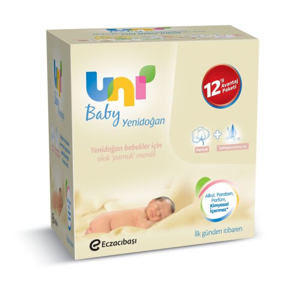 Uni Baby Islak Pamuk Mendil Yeni Doğan -Cotton Natural- 12 li paket (480 adet) 08692190300620,3072,3072
